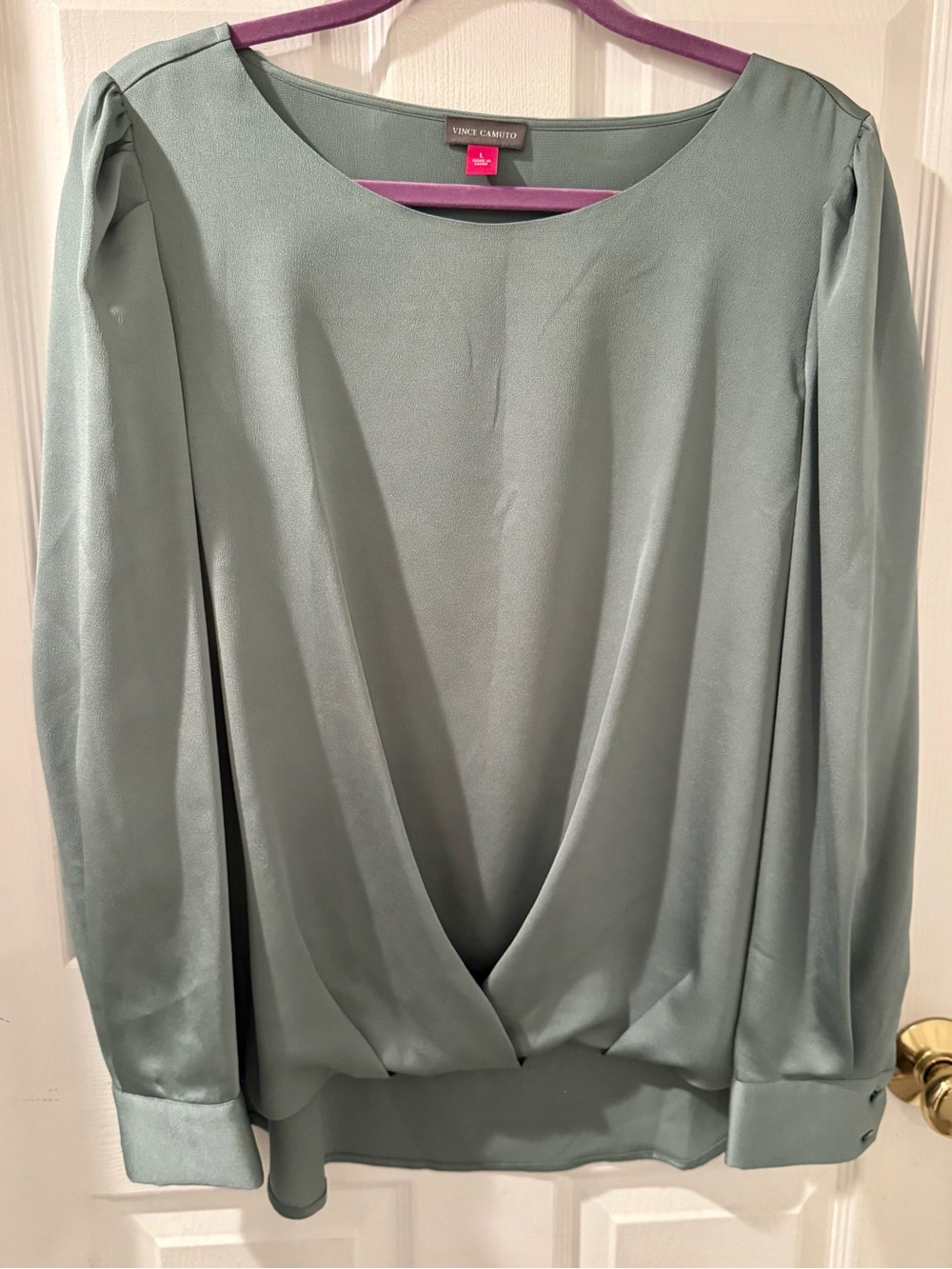 Vince Camuto Sage Green Long-Sleeve Draped Front Top